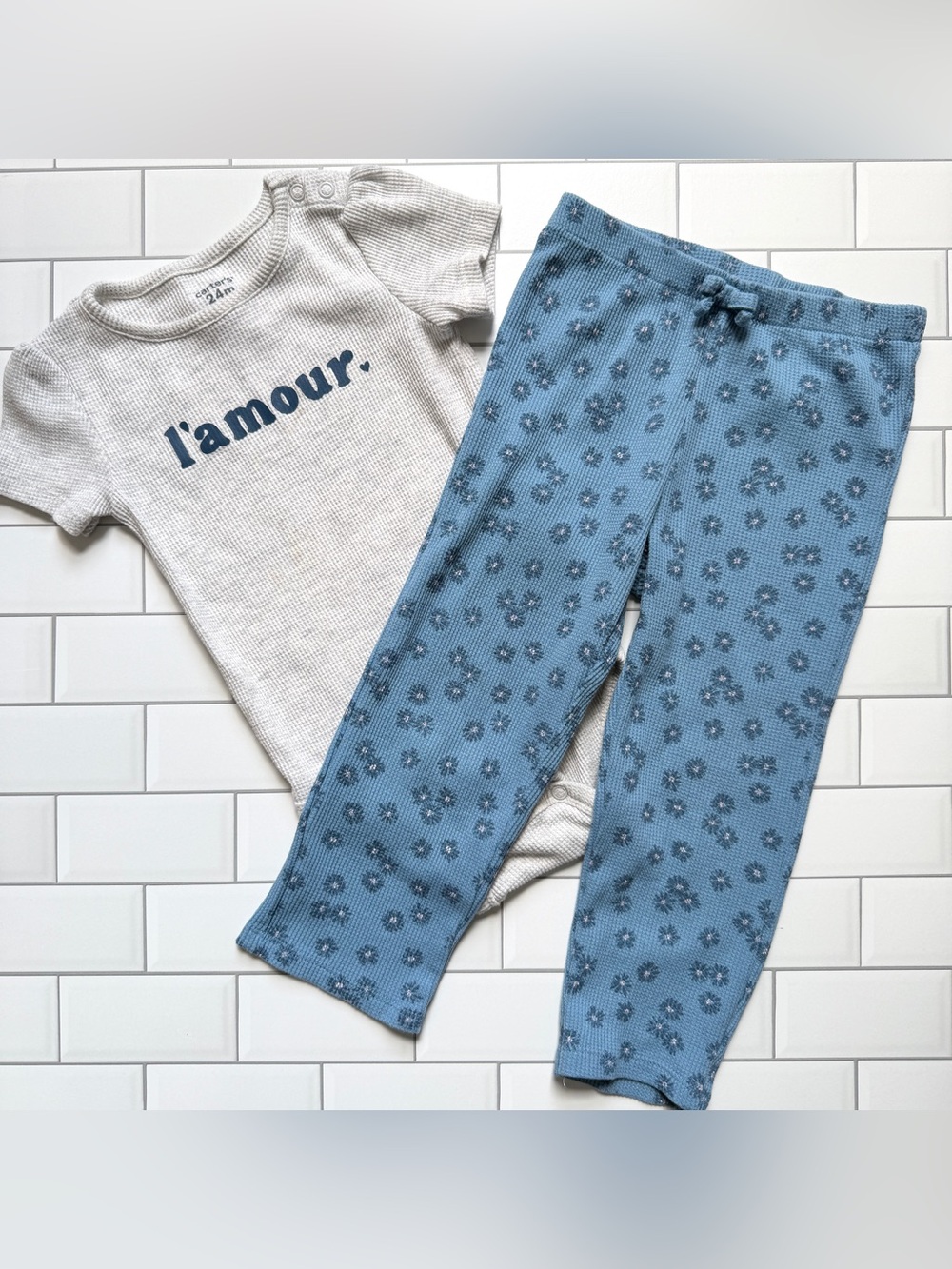 24M💙 Carter’s L’Amour French Love Gray Waffle Knit Bodysuit & Blue Floral Pants